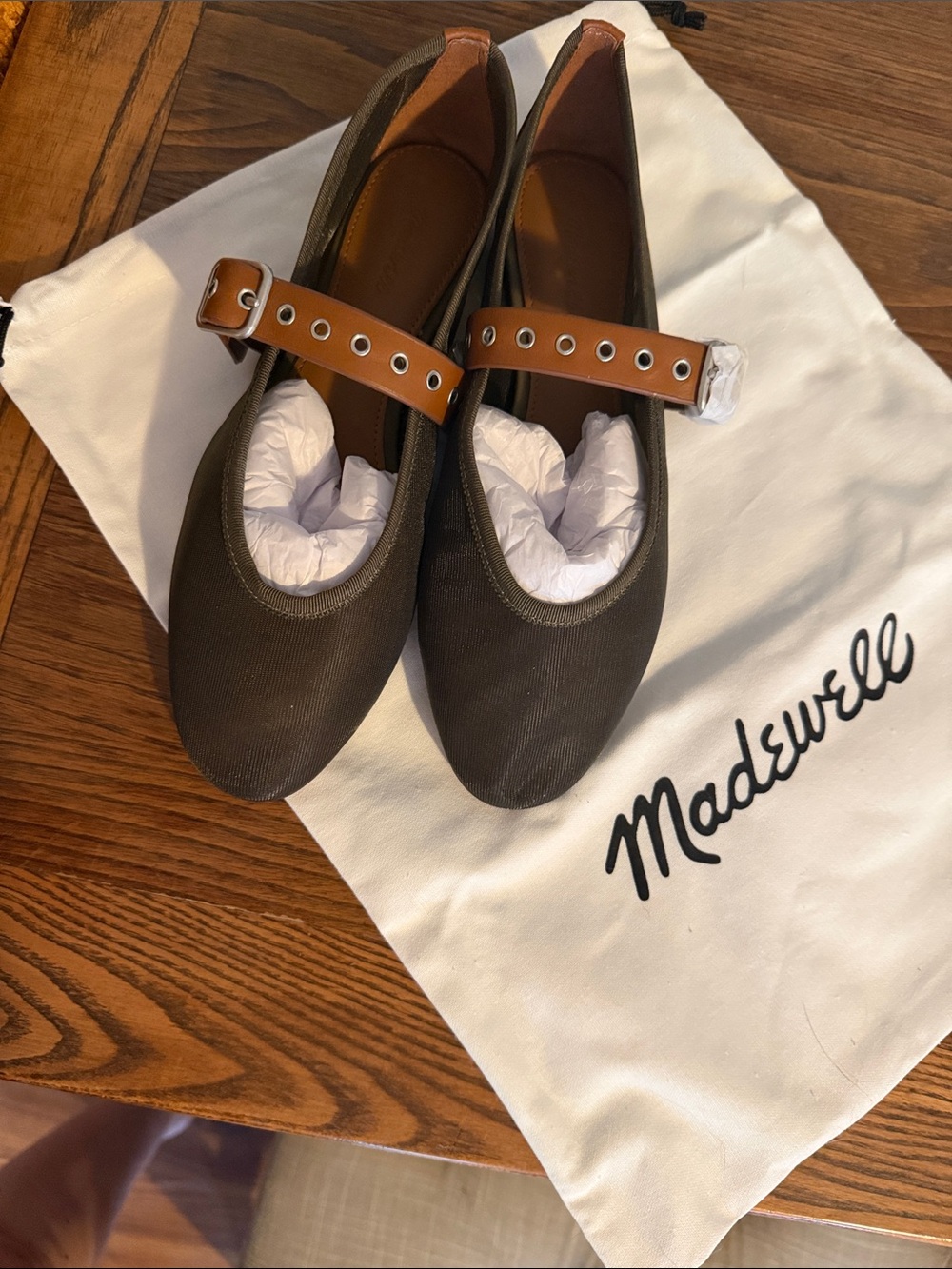 Madewell Olive Canvas Mary Jane Flats with Tan Strap